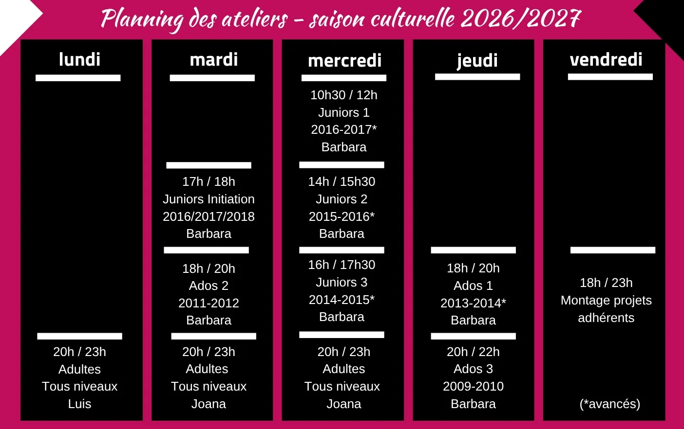 Planning des ateliers Comédia