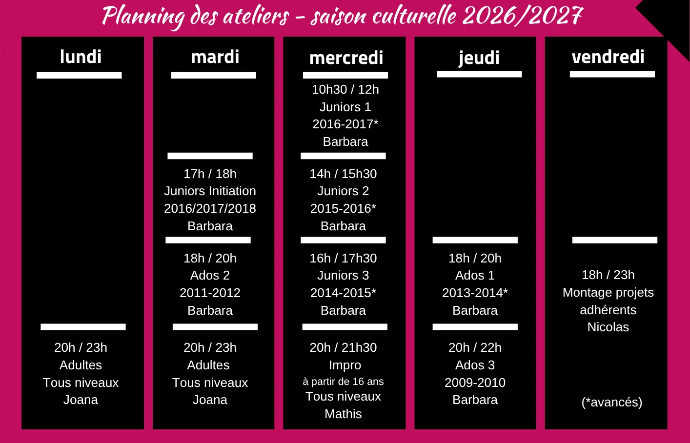 Planning des ateliers Comédia